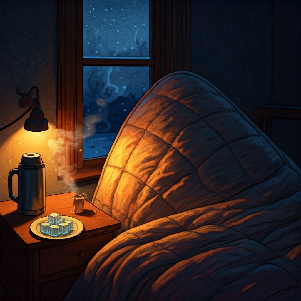Person wrapped in a quilt beside a thermos; melting ice cubes rest on a plate under warm lamplight.