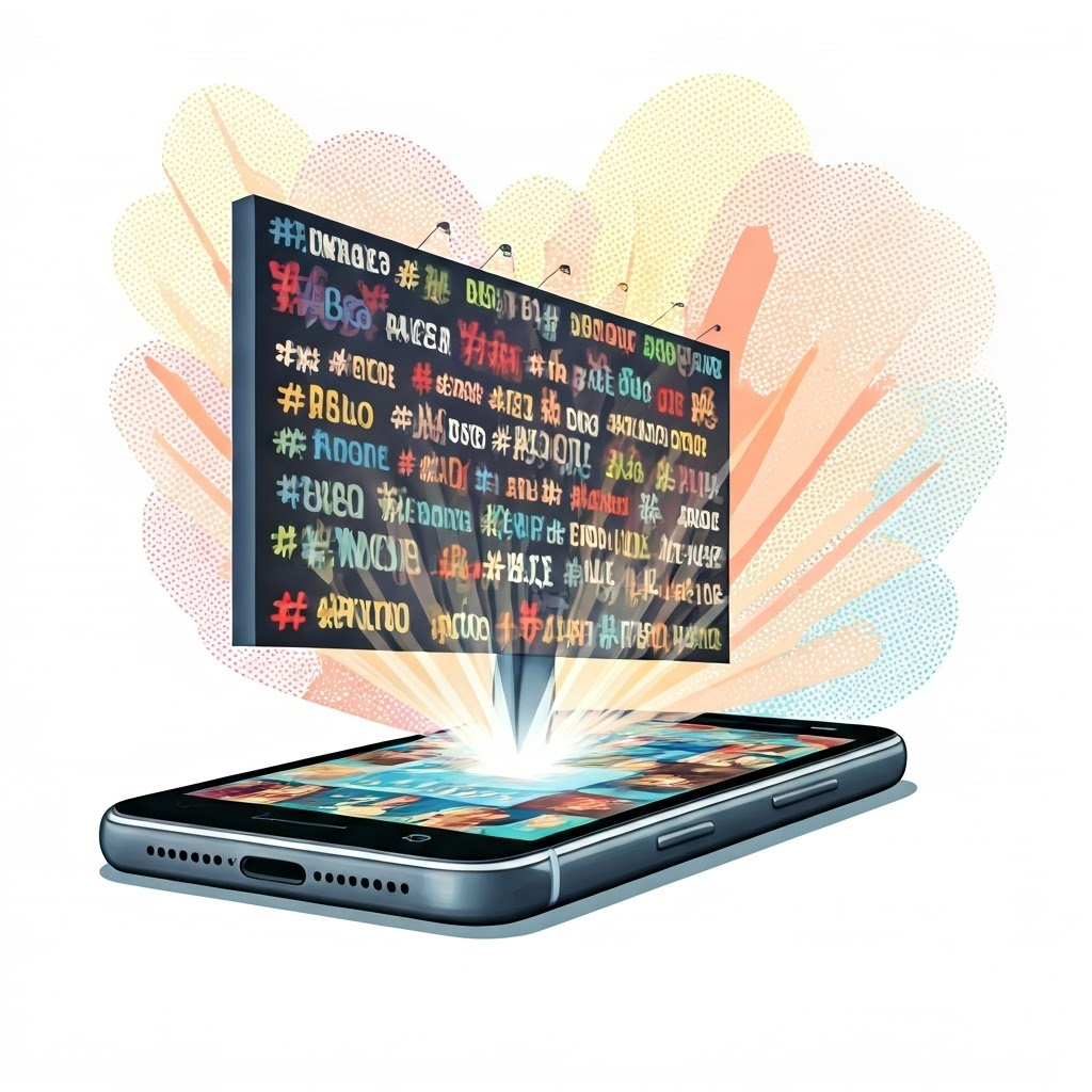 Colorful collage of a smartphone projecting hashtags like #MeToo, #BLM, and #FridaysForFuture, surrounded by diverse portraits.