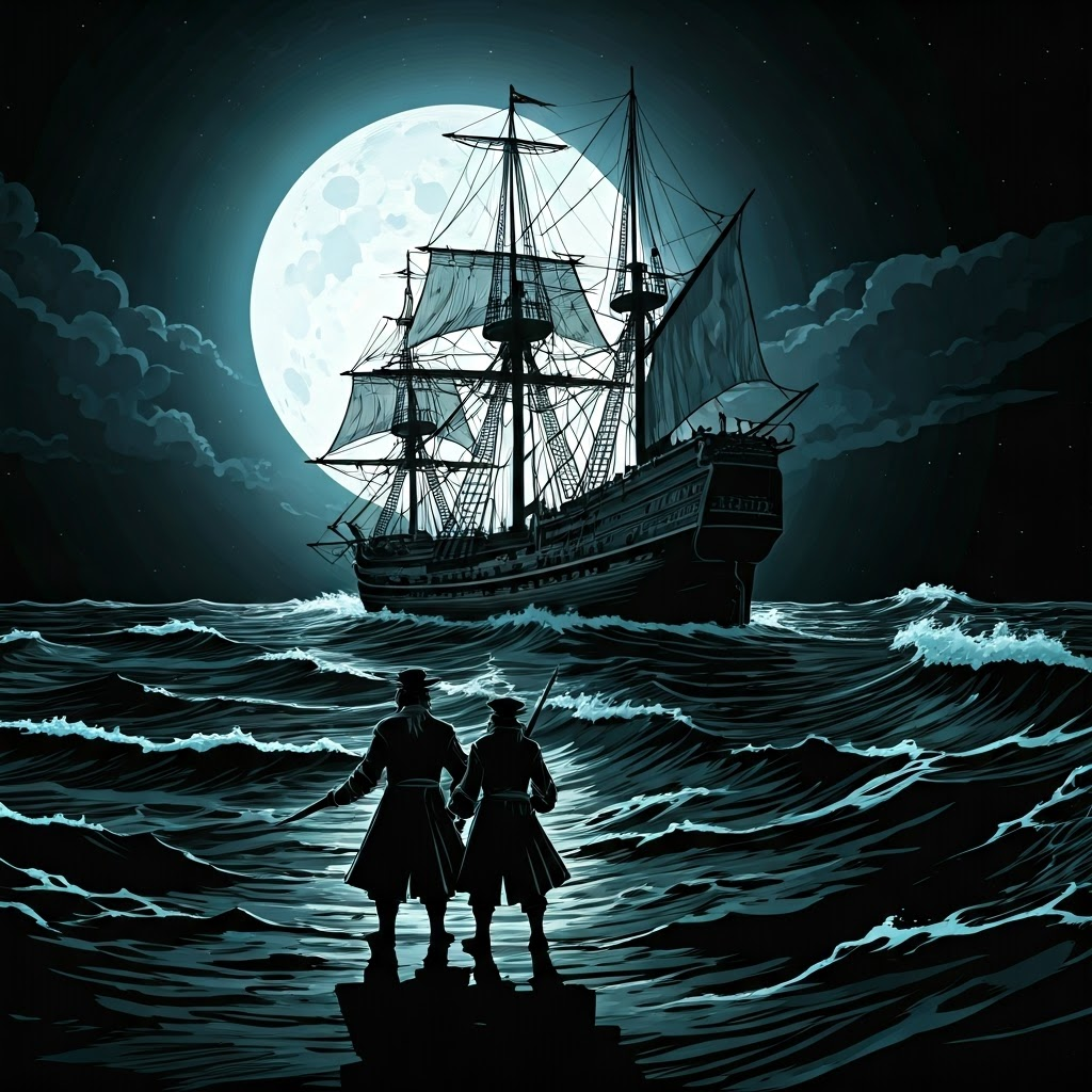 Dramatic monochrome scene of Sir Francis Drake boarding a Spanish treasure ship under moonlight