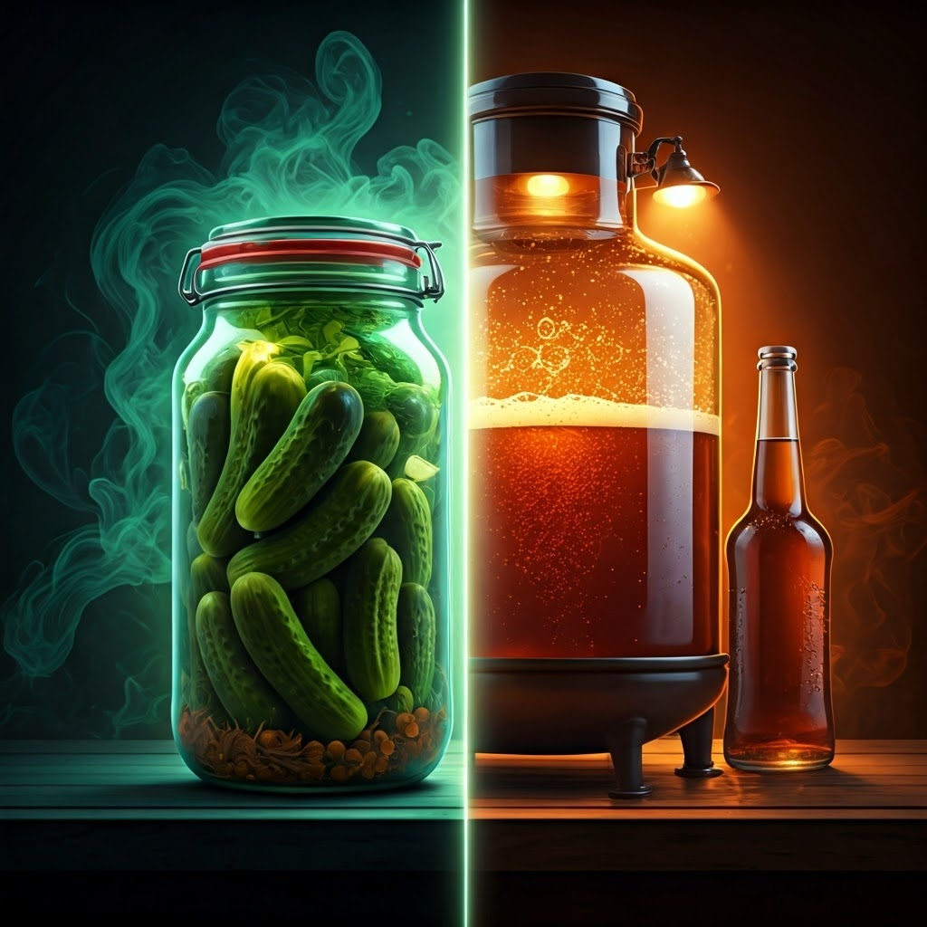 Split-canvas artwork showing neon pickles on one side and glowing beer on the other, contrasting fermentation paths