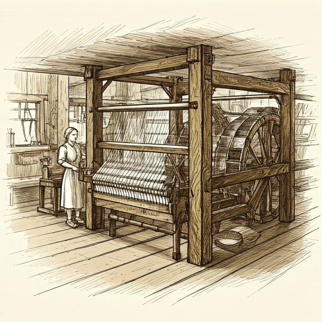Woman operating a spinning jenny beside larger water-powered machines, showing rising complexity.