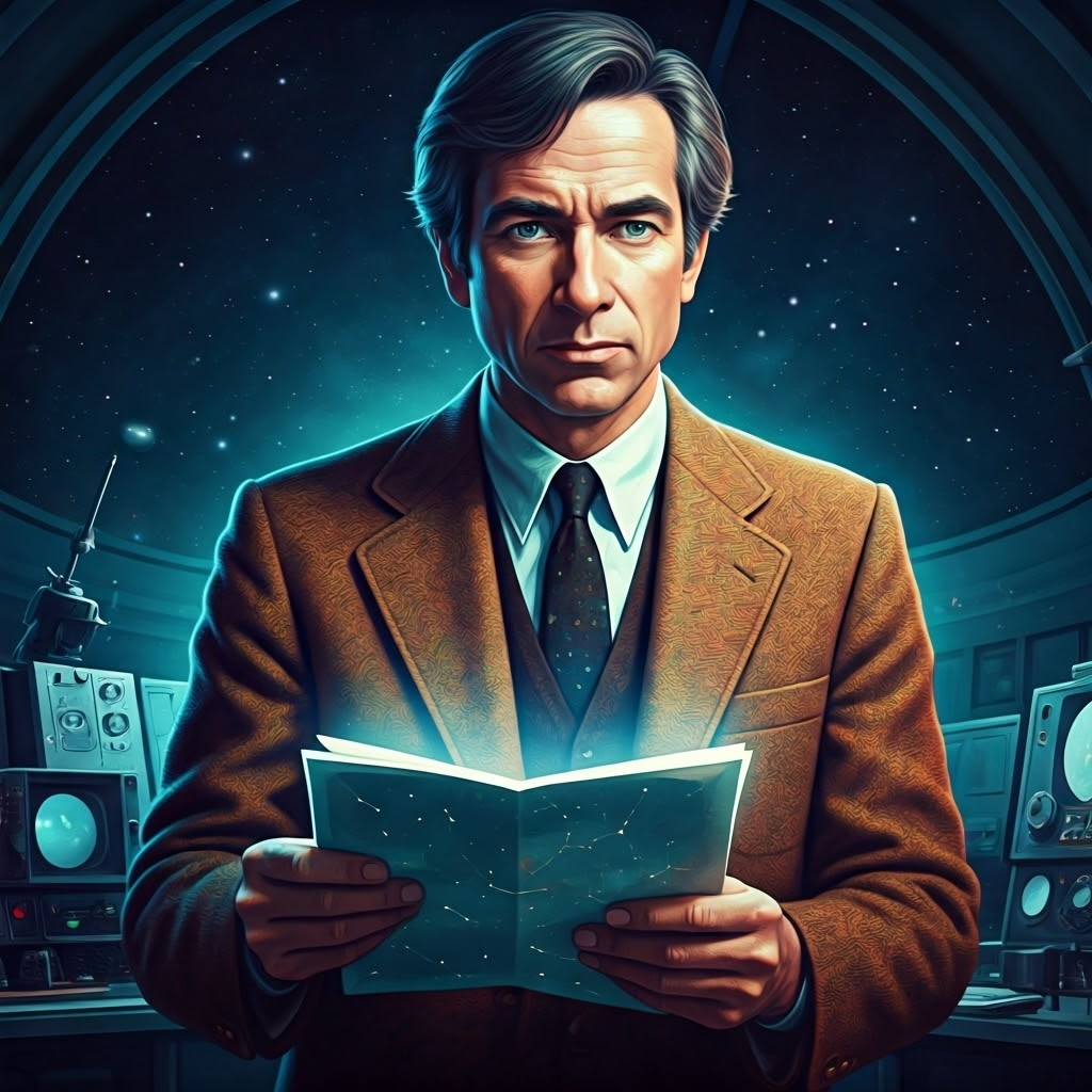 Carl Sagan holding a star map in a dusk-lit observatory as glowing nebulae swirl behind him