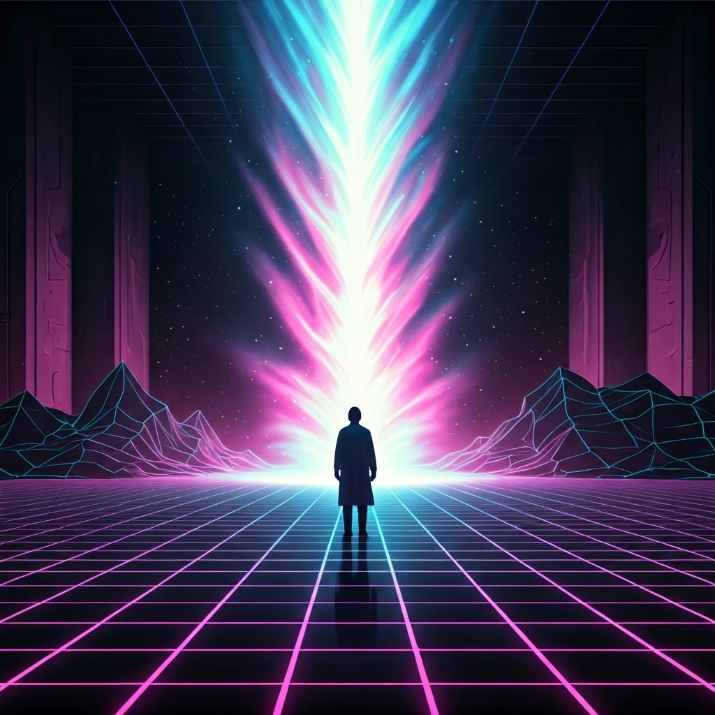 A retro-futuristic lab glows with neon as quantum mist condenses into a bright point beneath a silhouetted scientist