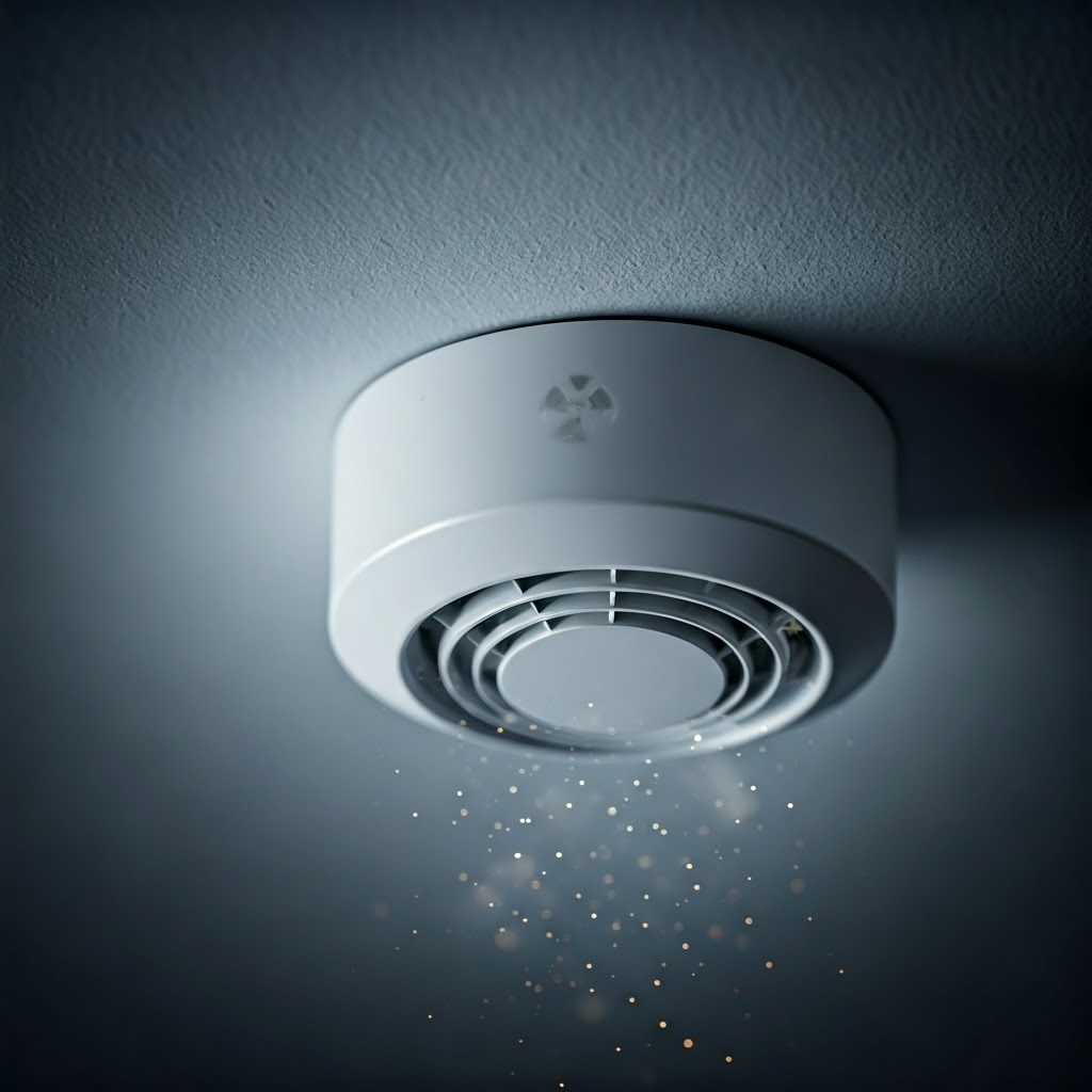 A kitchen smoke detector with a discreet radiation symbol glows softly while microscopic particles drift nearby.
