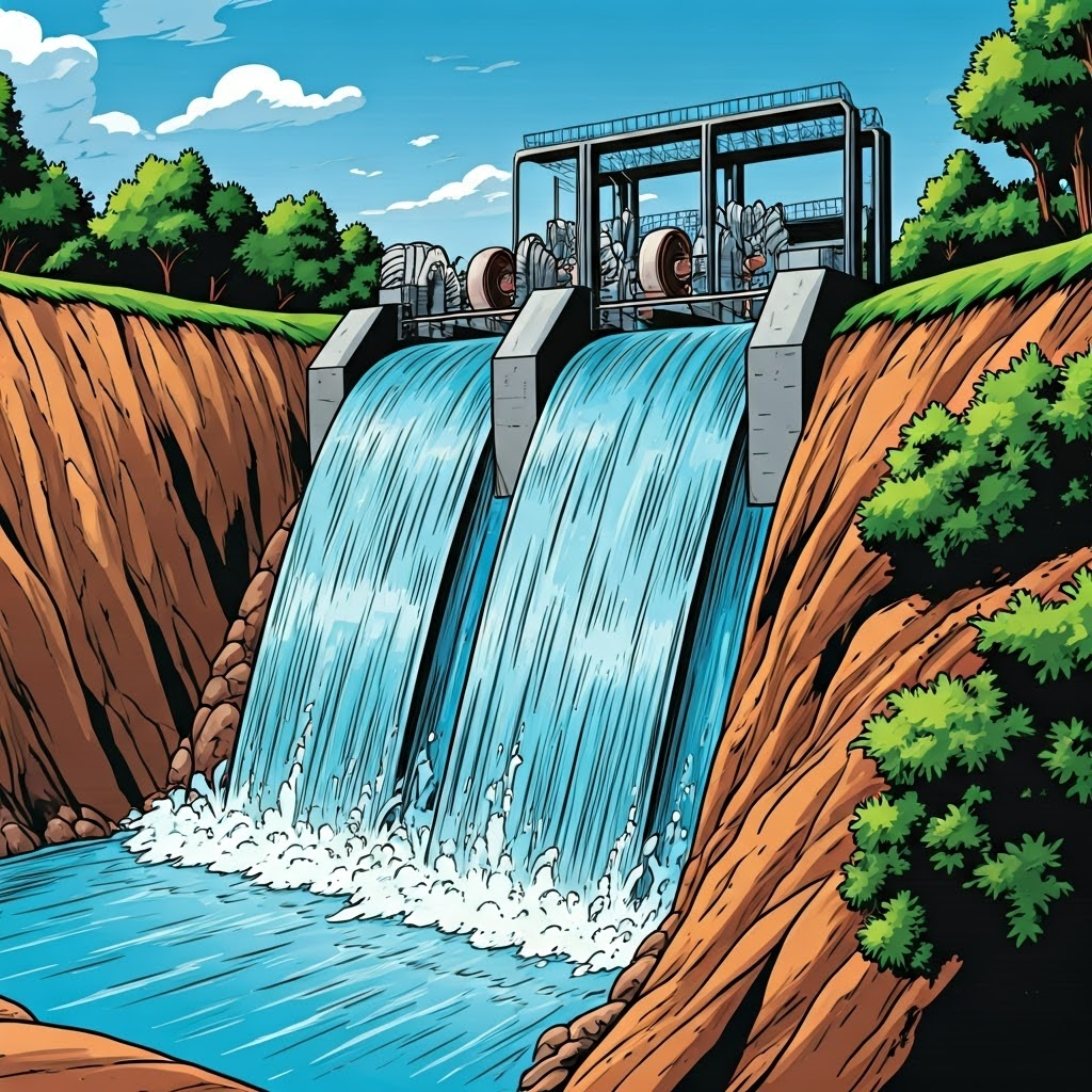 Bold comic-style graphic of a hillside pumped-storage facility showing water moving up and down