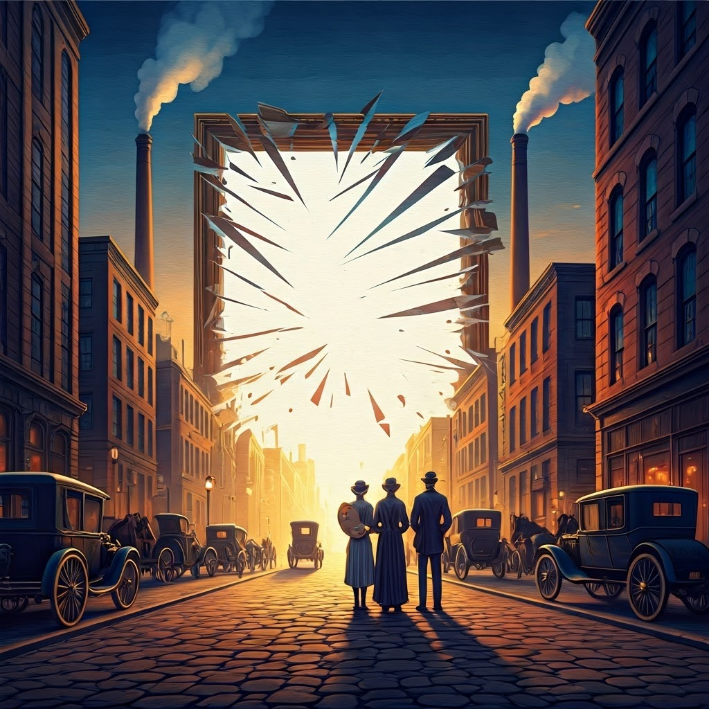 A bustling 1900s city street blends horse-drawn carriages with early automobiles beneath hazy factory smoke, capturing the uneasy shift from tradition to modern industry