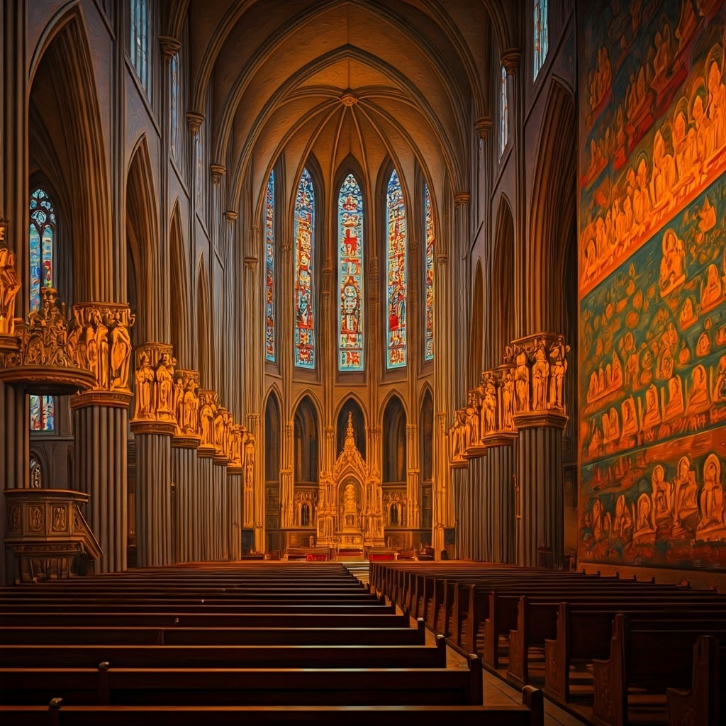 Oil-paint montage of cathedral stained glass, saint statues, and a Thai Buddha mural