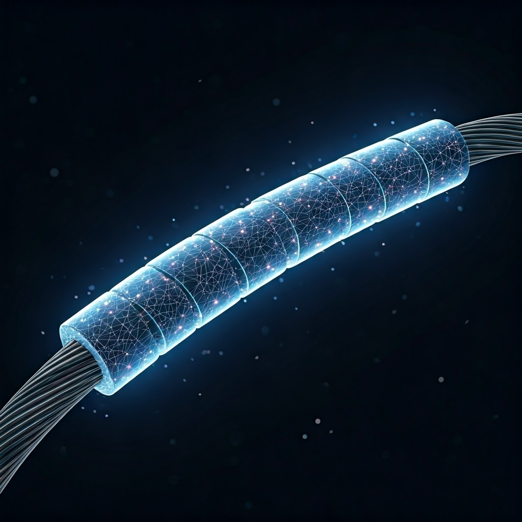 Glowing axon wrapped in blue-silver myelin, light pulses racing along like data through a cable.