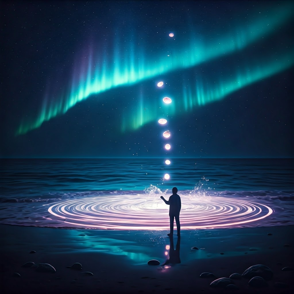 Figure on a moonlit beach skips glowing stones that create bright ripples, illustrating wave-particle duality