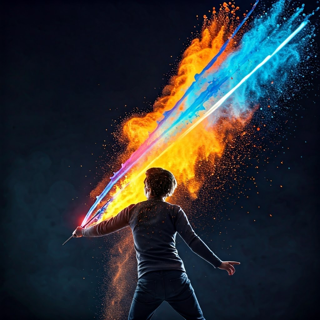 User swings a high-tech VR wand, colorful light trails marking its motion through 3D space