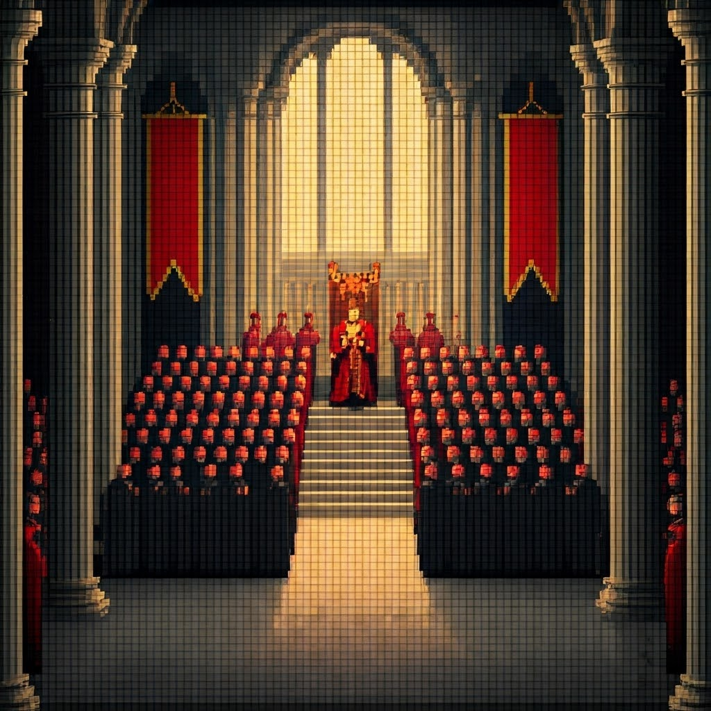 Pixel art hall with robed delegates: clergy in black, nobles in red, commoners in gray