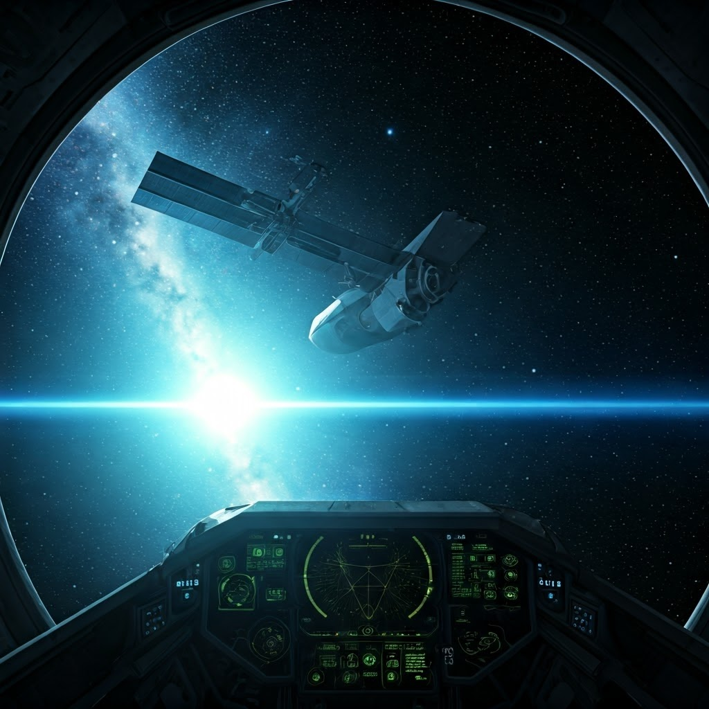Spacecraft with angled solar panels drifting in deep space, astronaut at glass cockpit checking orientation gauges against a bright distant Sun and starry backdrop.
