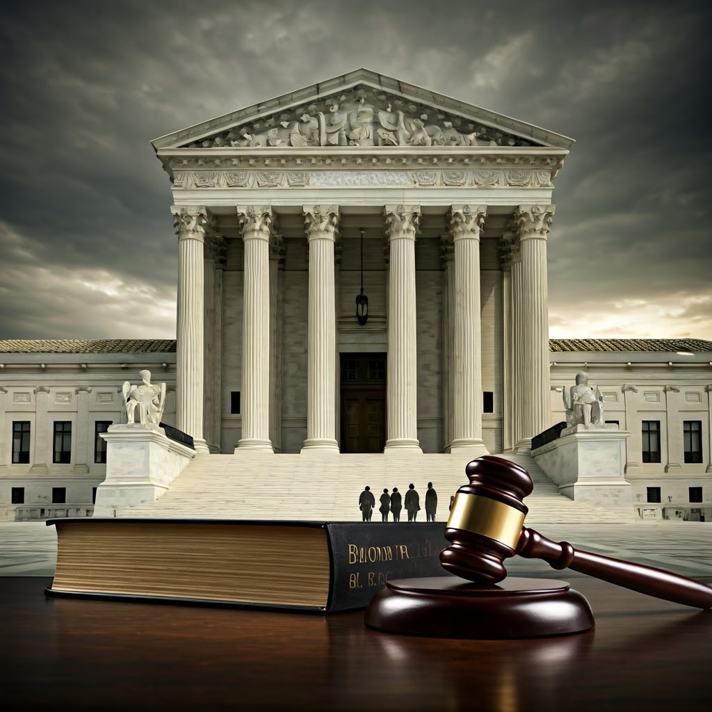 A gavel and the words “Brown v. Board of Education” sit before the Supreme Court, signifying the landmark decision against school segregation.