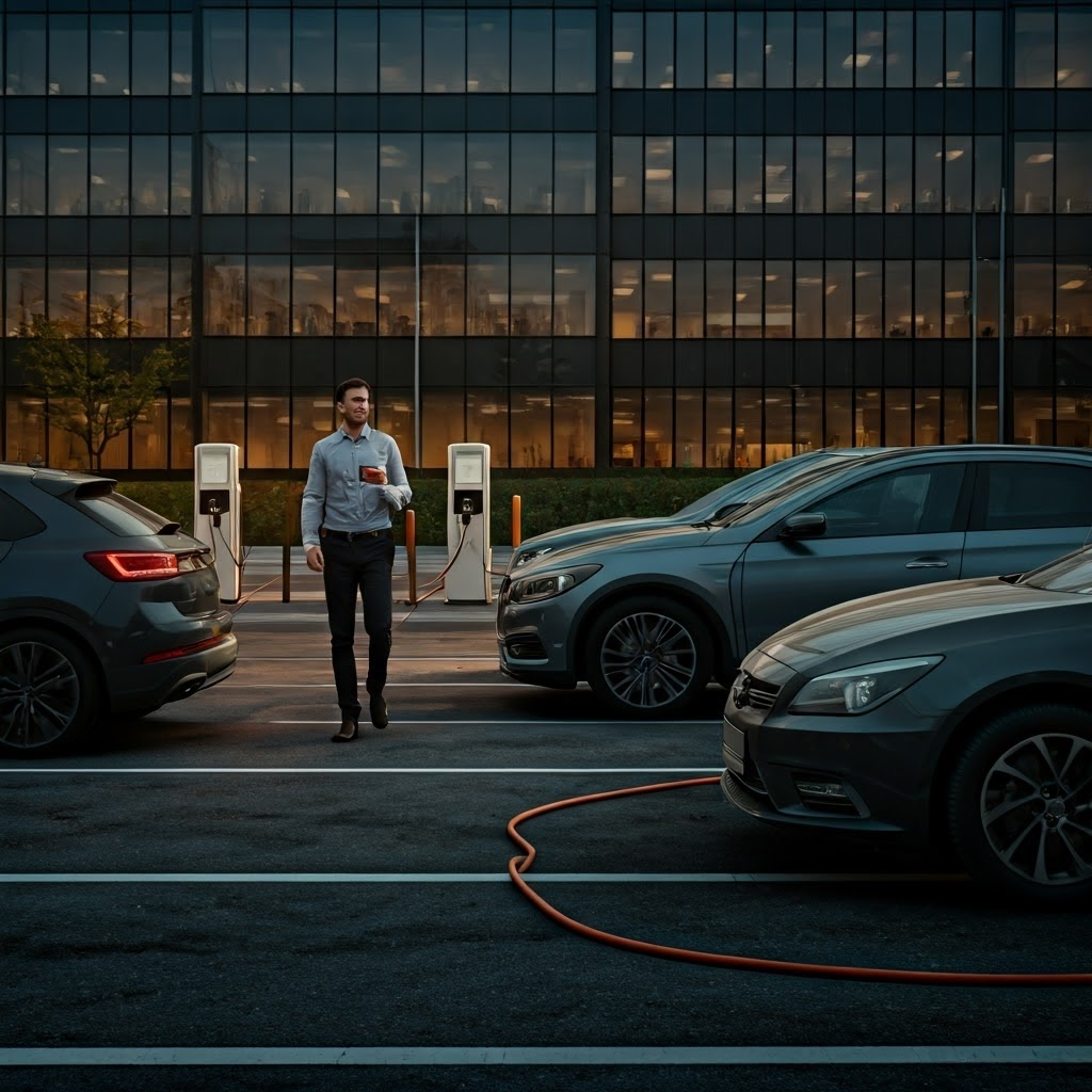Row of electric cars at workplace Level 2 chargers before sunrise, highlighting faster daily charging