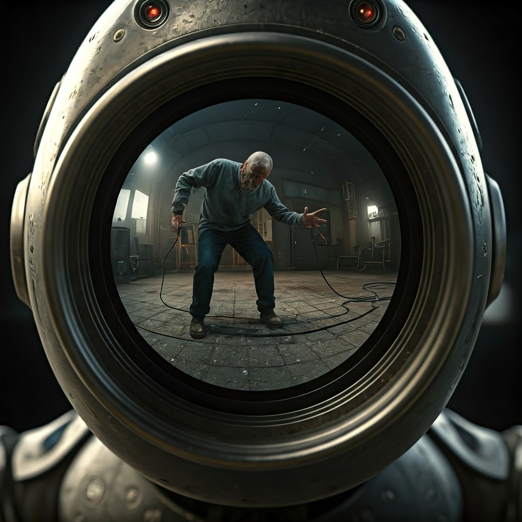 A robot’s blurry camera view shows dust and a bystander reaching for a cable