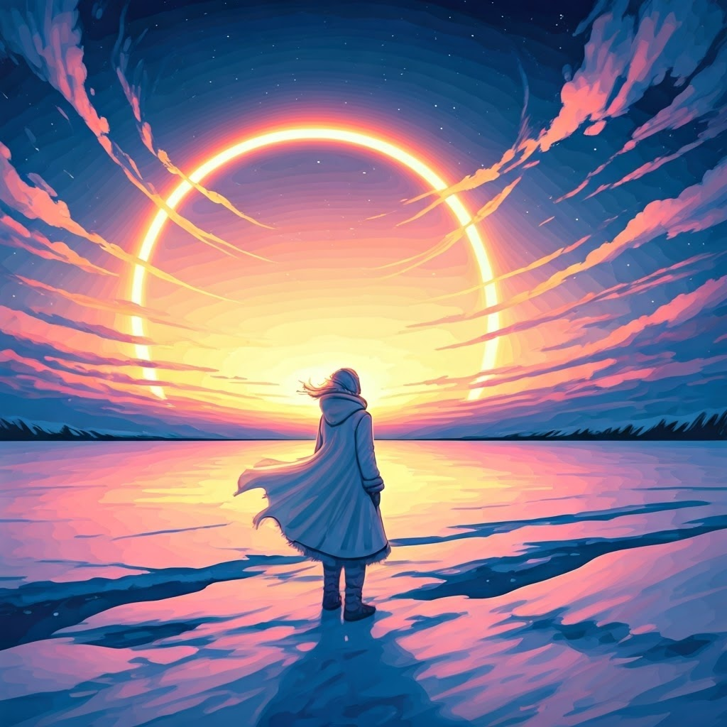 A dreamlike scene of a glowing sun circling a polar horizon, pastel snow reflecting soft light—capturing the wonder of the midnight sun.