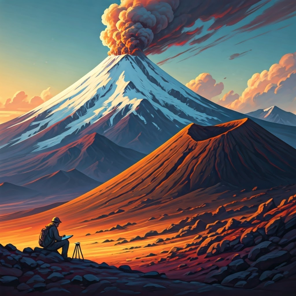 Pastel sketch contrasts a tall stratovolcano with a small cinder cone while a geologist records notes nearby.