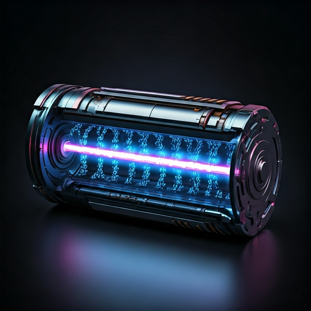 Cross-section of a glowing futuristic battery showing blue and purple electron paths in a dark metallic core
