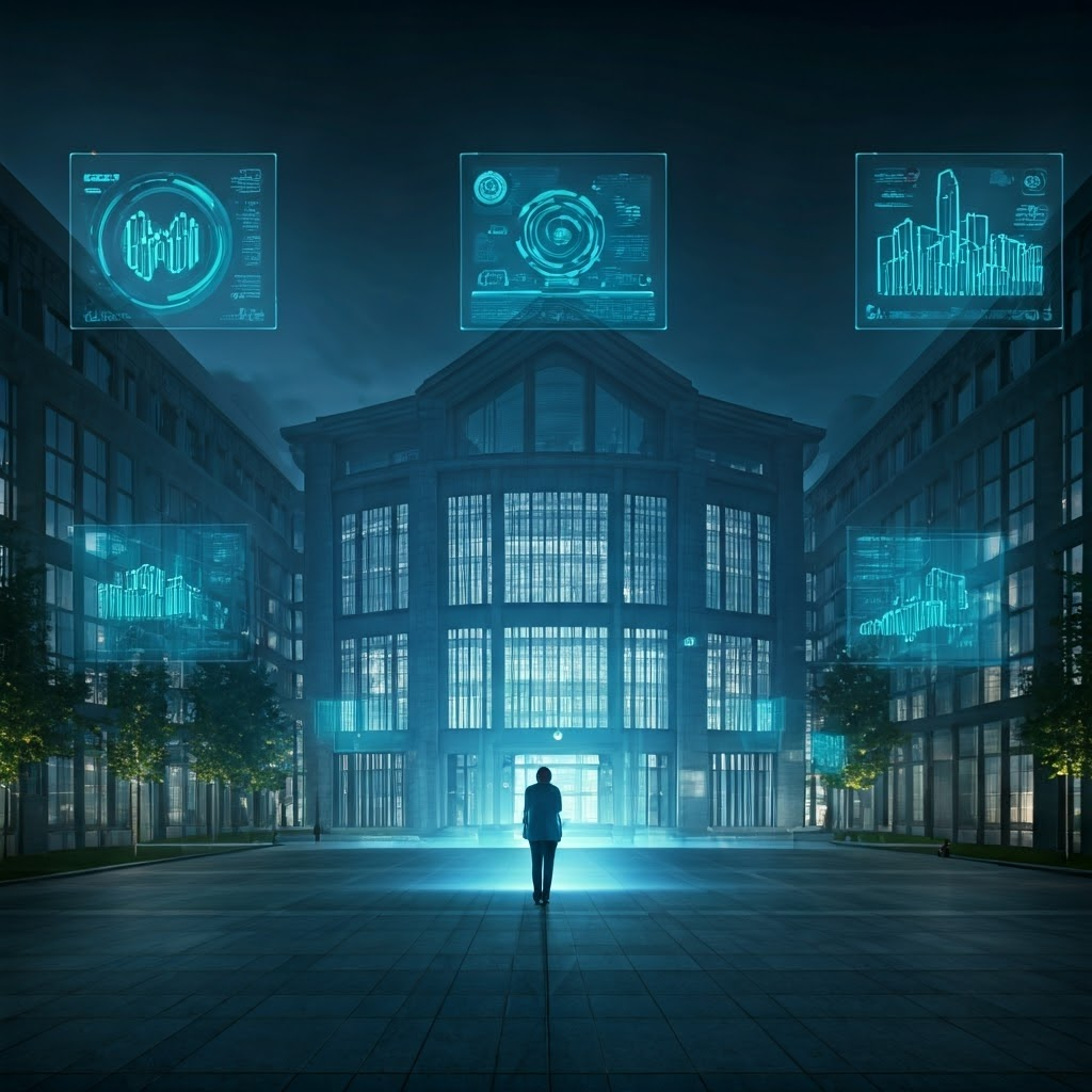 University campus with digital overlays showing dynamic subnet planning