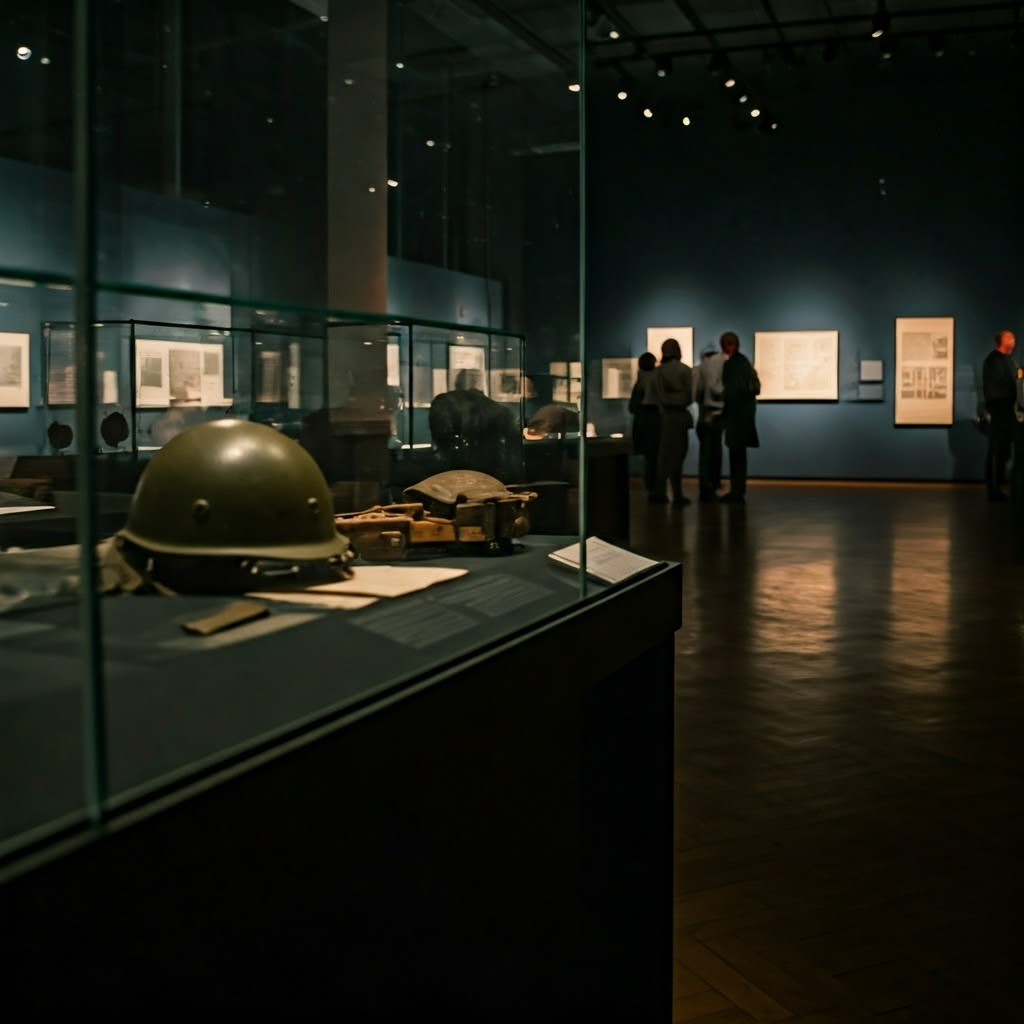 Dim museum gallery displaying a child’s toy, a faded letter, and a soldier’s helmet in glowing cases, visitors lean close in quiet awe