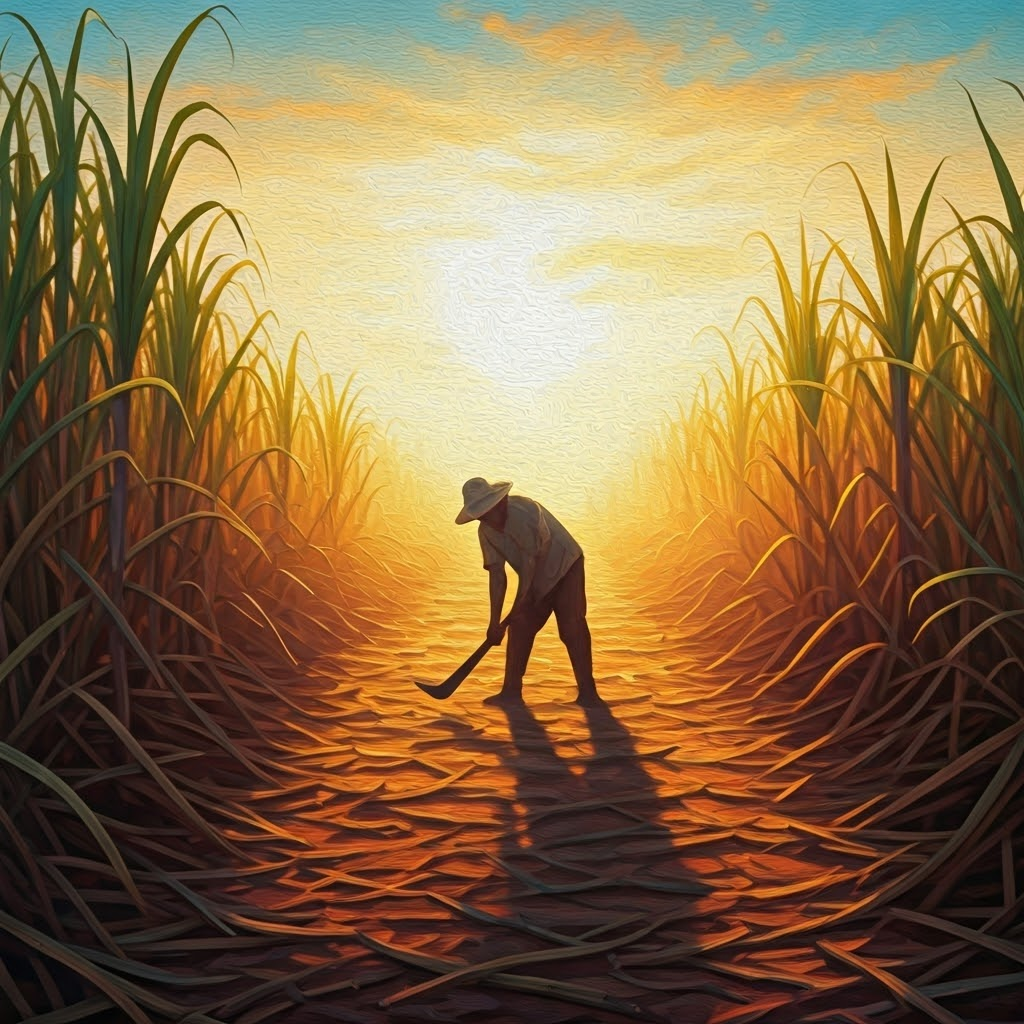 Early-morning haze over endless sugarcane rows as silhouetted workers start cutting, golden light hinting at both beauty and tension.