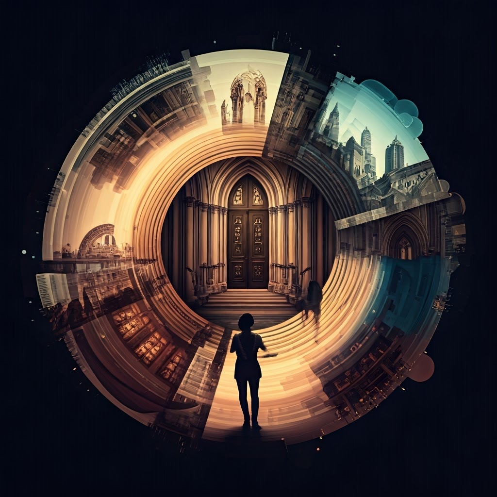 Abstract circle of diverse people linked through historic and modern symbols, highlighting religion’s constant motion.