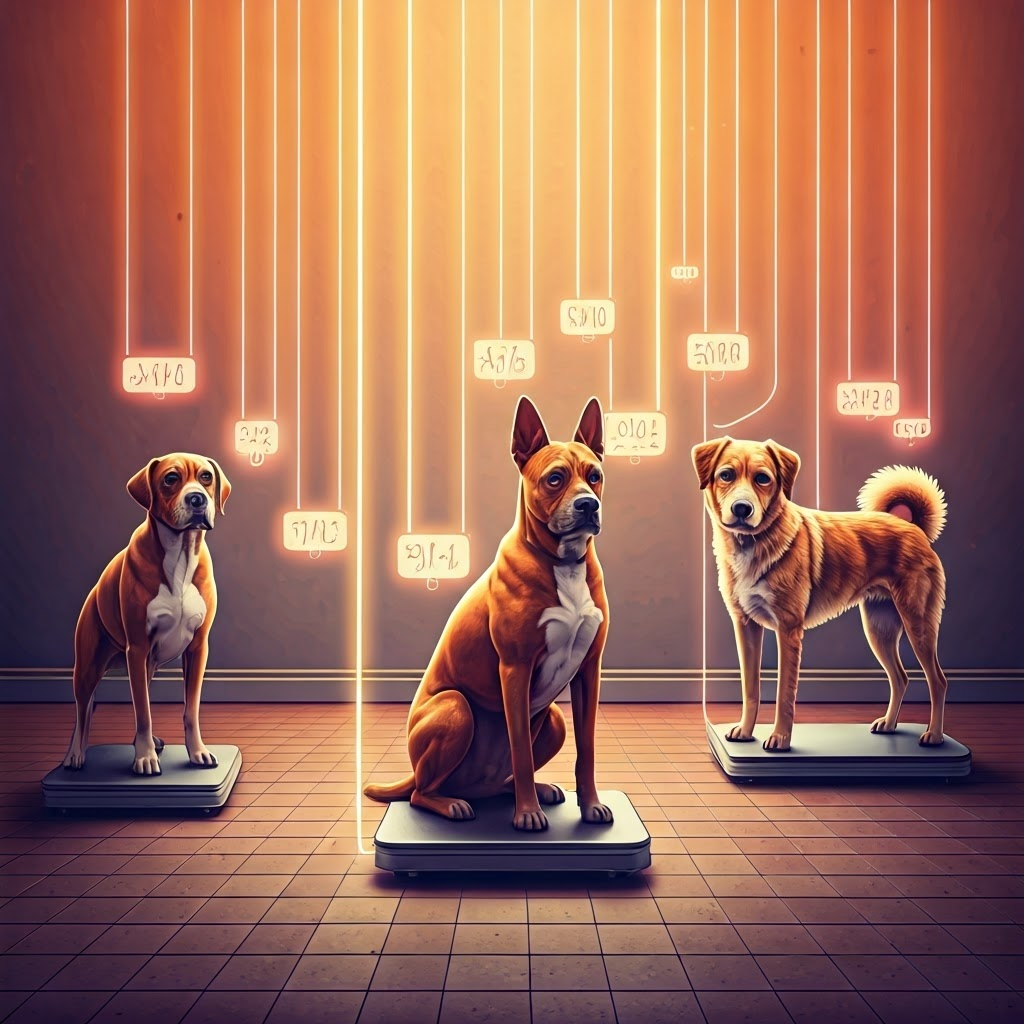 Various dog breeds on vintage scales connected by neon data lines