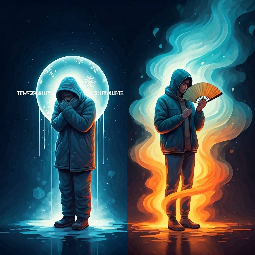Two figures side by side: one bundled in winter clothes under a glowing temperature sphere, the other fanning in summer attire surrounded by moisture swirls