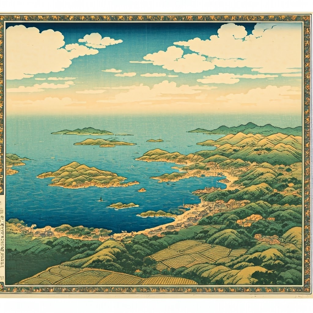 Panoramic woodblock print of 1937 Japan—islands dotted with factories and rice fields against an indigo sea, subtle morning light, hints of samurai and modern soldiers marching across the landscape.