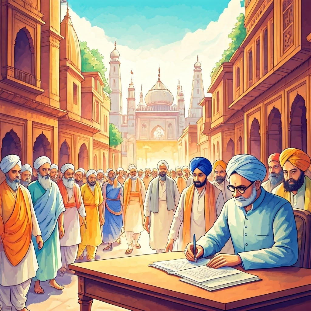 Bustling Indian neighborhood where temples and mosques stand beside founders signing the 1947 constitution