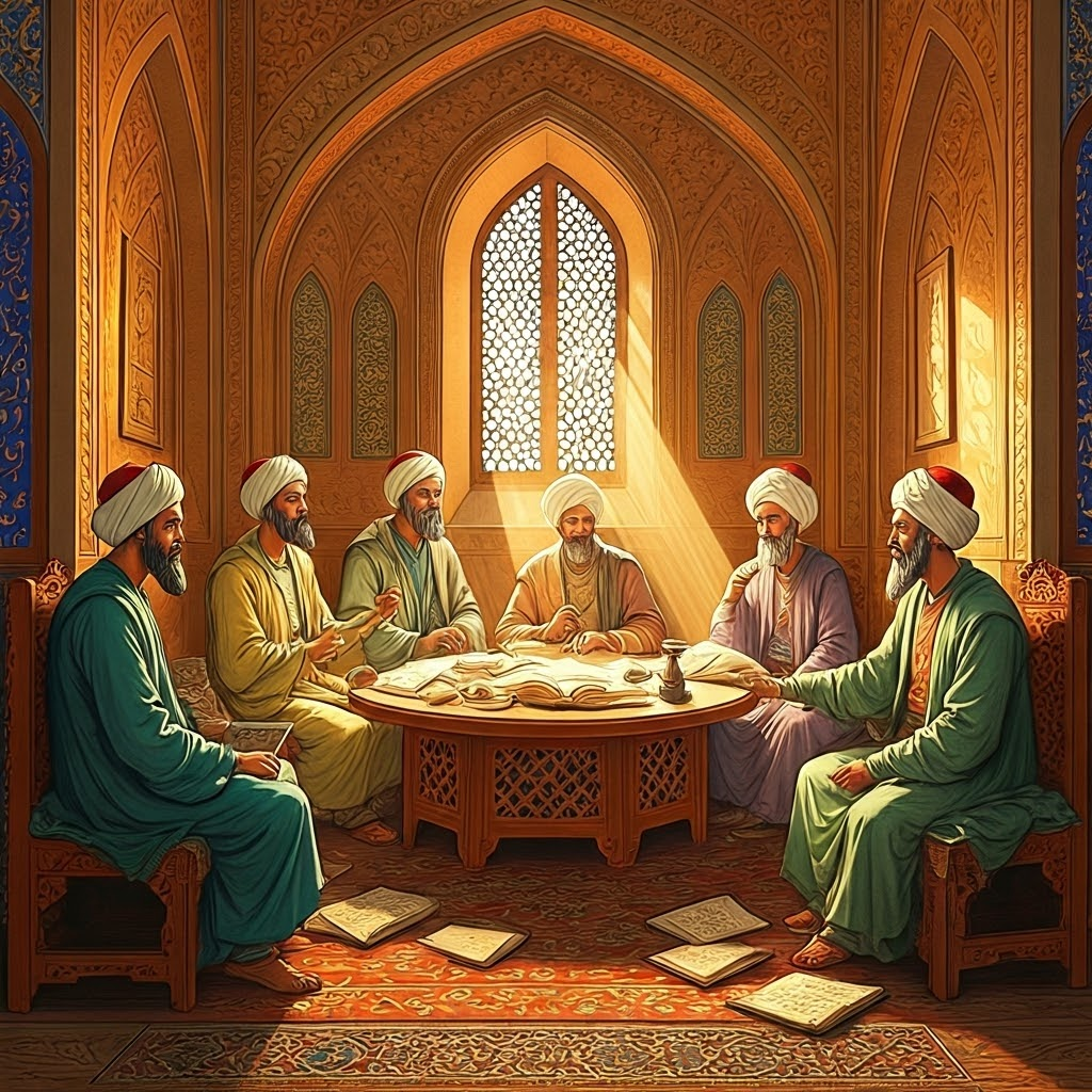 Scholars debate Greek scrolls and Arabic manuscripts inside Baghdad’s House of Wisdom, showing the city as a vibrant hub of translation in the ninth century.