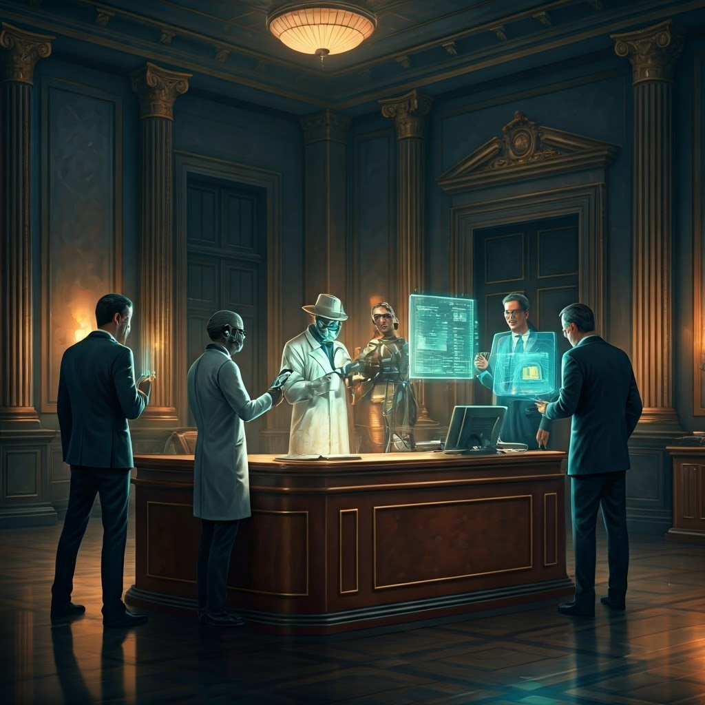 Hyperreal bank lobby where professionals review AI decision charts, illustrating need for accountability.