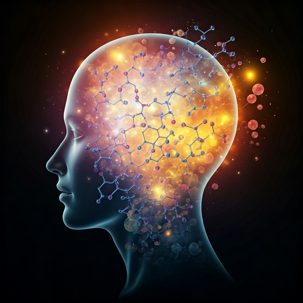 Cascade of colorful neurotransmitter molecules flowing through a translucent head silhouette, symbolizing heightened cognition during flow