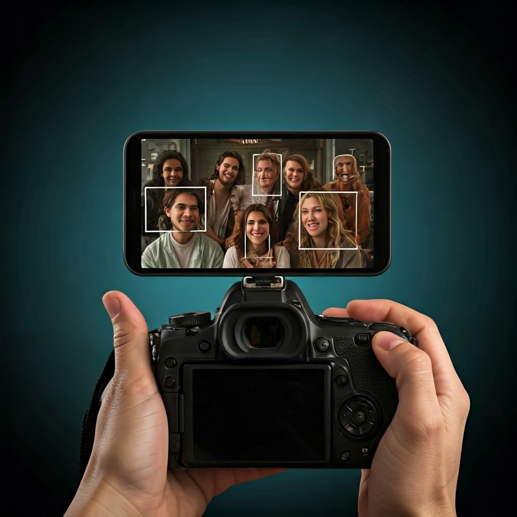 Live camera view with translucent rectangles framing several faces in real time