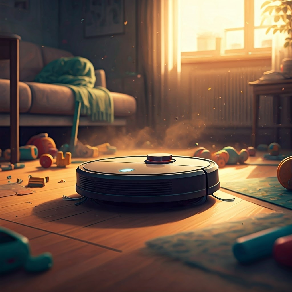 Robot vacuum weaving through cluttered living room, highlighting navigation challenges in unpredictable spaces.