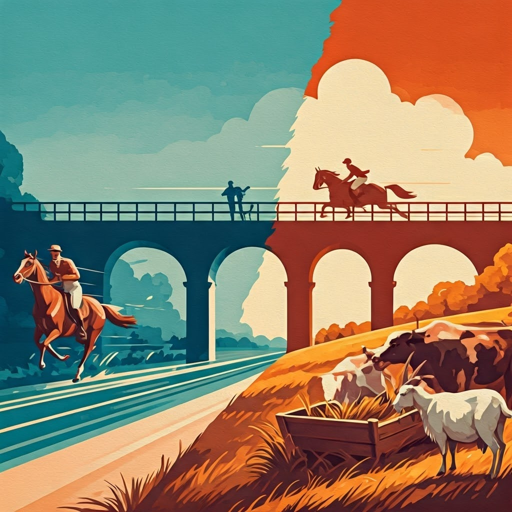 Vintage poster split between a galloping rider and a peaceful farm with cows and goats