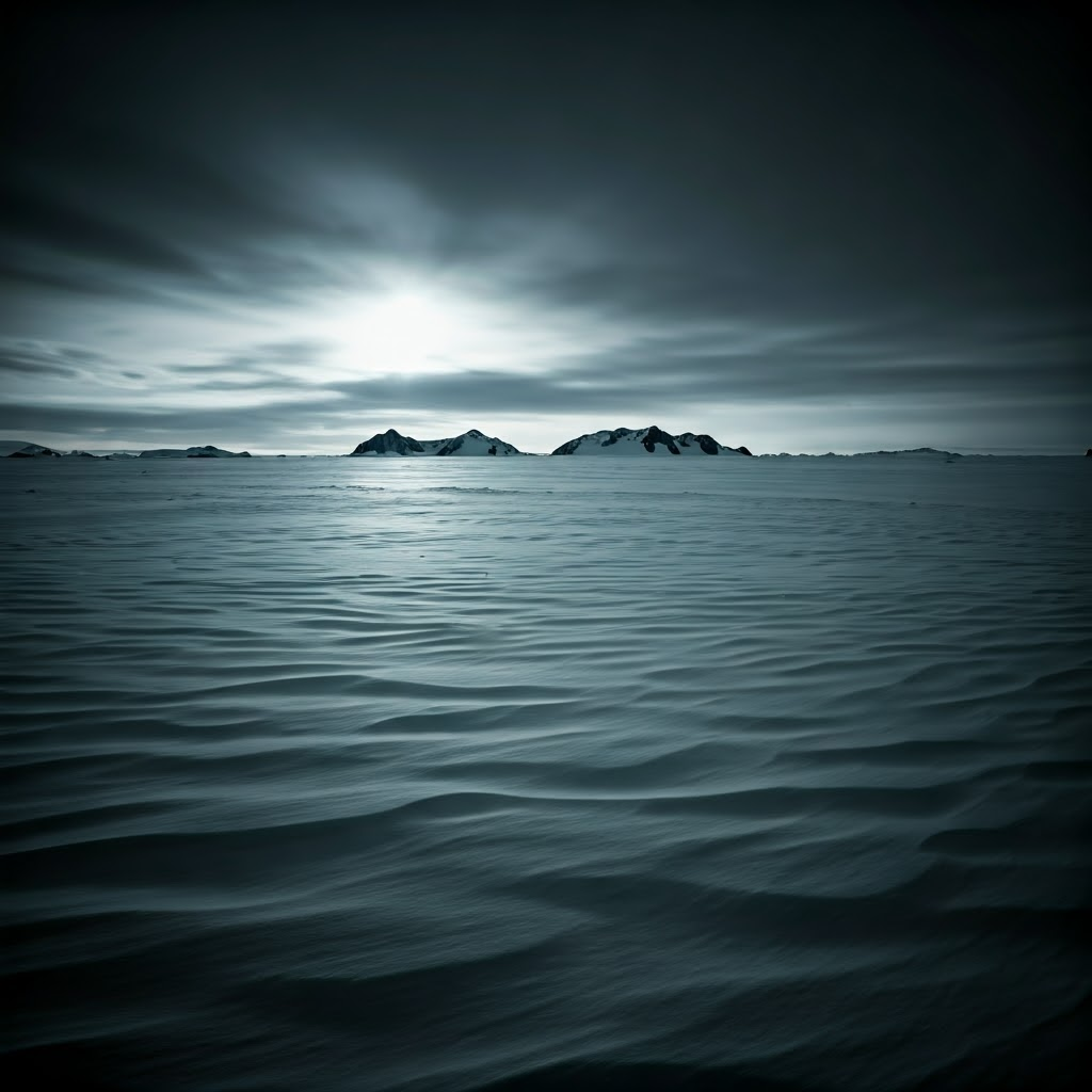 Black-and-white photograph of endless Antarctic ice ridges under brooding clouds, conveying extreme dryness.