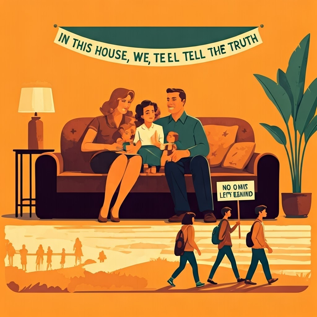 Illustration of a family banner reading “In this house, we tell the truth,” alongside friends holding a sign that says “No one left behind,” showing informal values.