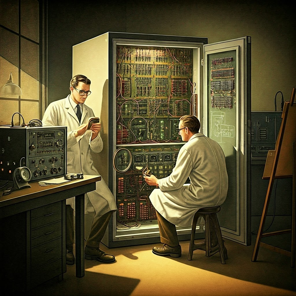 Engineers in white lab coats study an early mainframe packed with transistor modules, highlighting the shift from vacuum tubes to smaller, cooler parts.