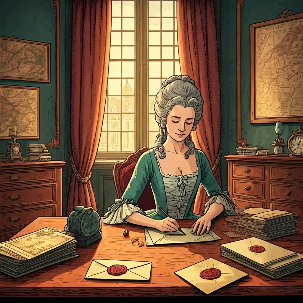 Woman sealing letters in a sunlit parlor, hinting at hidden networks that carried Enlightenment ideas across borders.