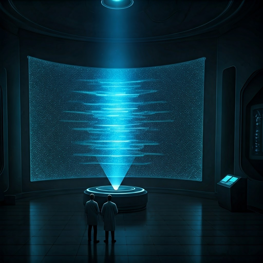 A futuristic exhibit projects glowing interference while holographic particles stream through two slits before an audience