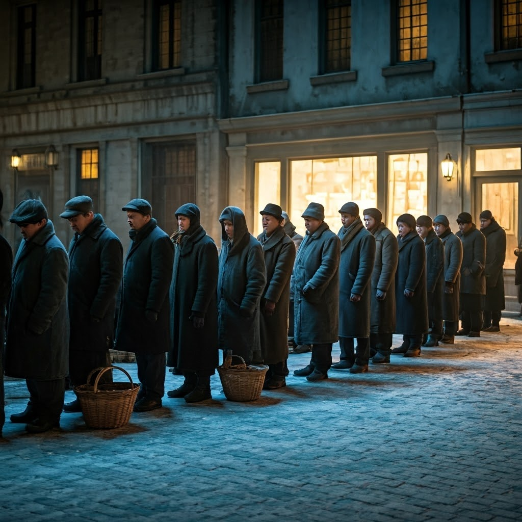 Civilians wait in long bread lines during a harsh winter, illustrating the severe shortages and hunger of wartime Russia.