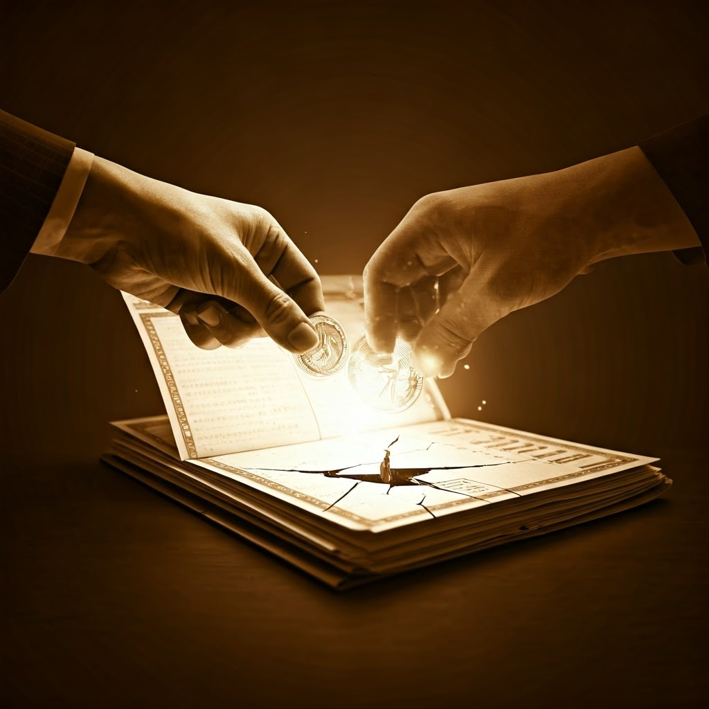 Two hands each receive identical coin from cracked ledger, highlighting double-spend threat to trust