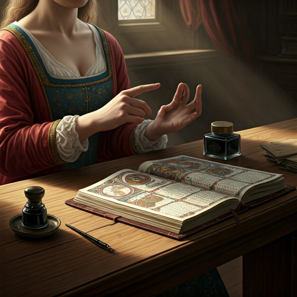Noblewoman studies a richly decorated book of hours at a wooden desk, quill in hand.