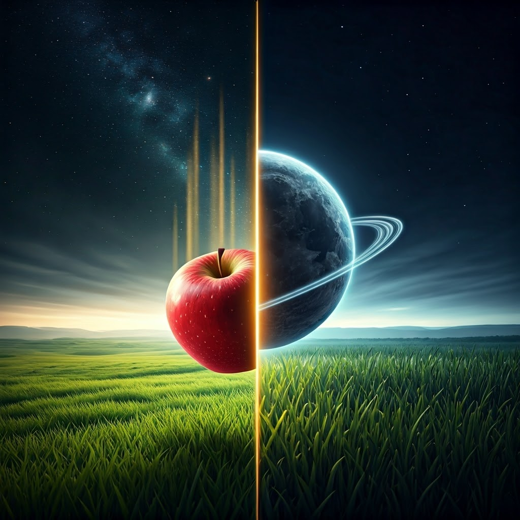 Split illustration showing an apple falling toward grass while the moon orbits Earth, linked by a glowing line.