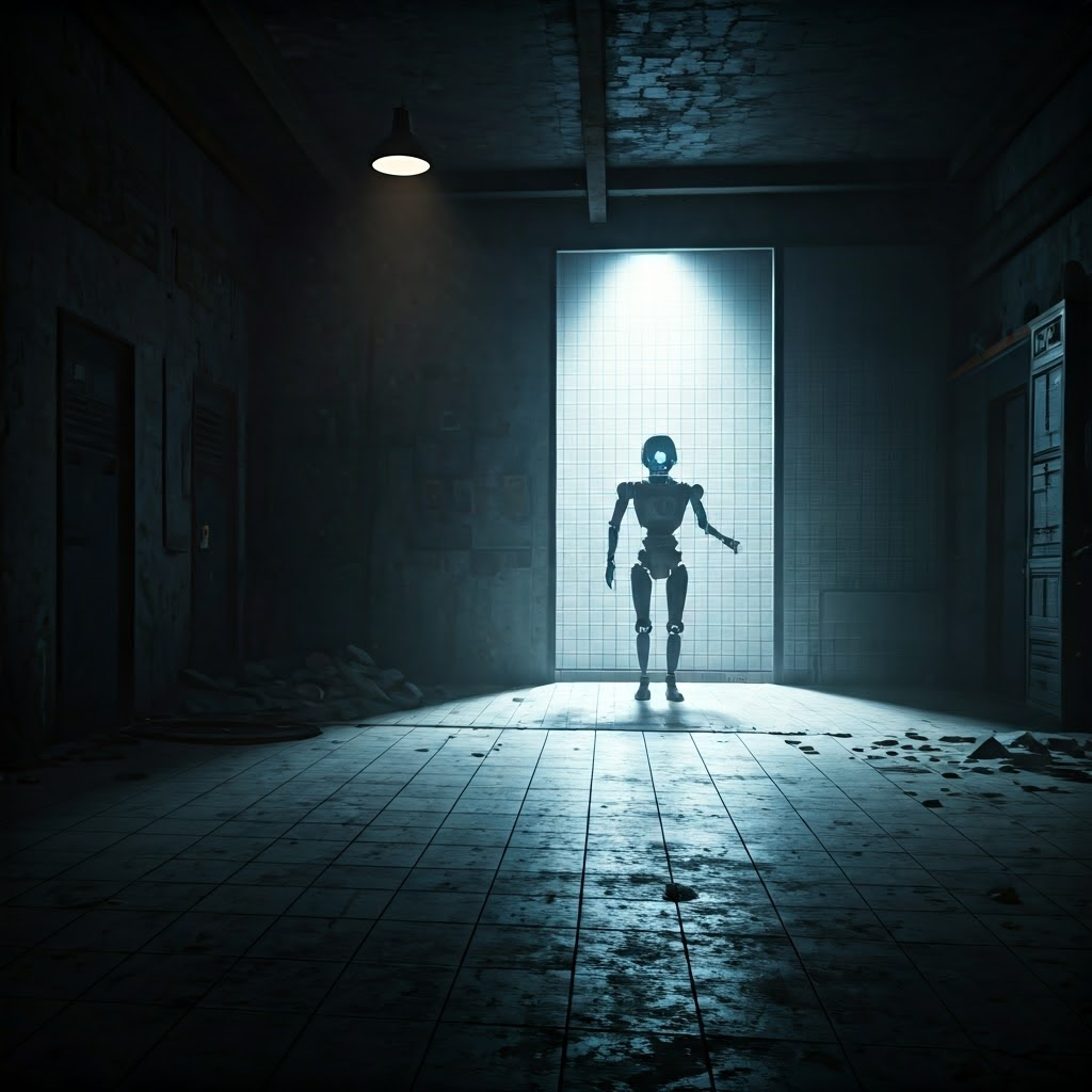 A sleek lab robot pauses at the edge of a dusty warehouse, highlighting the contrast between clean tiles and gritty concrete