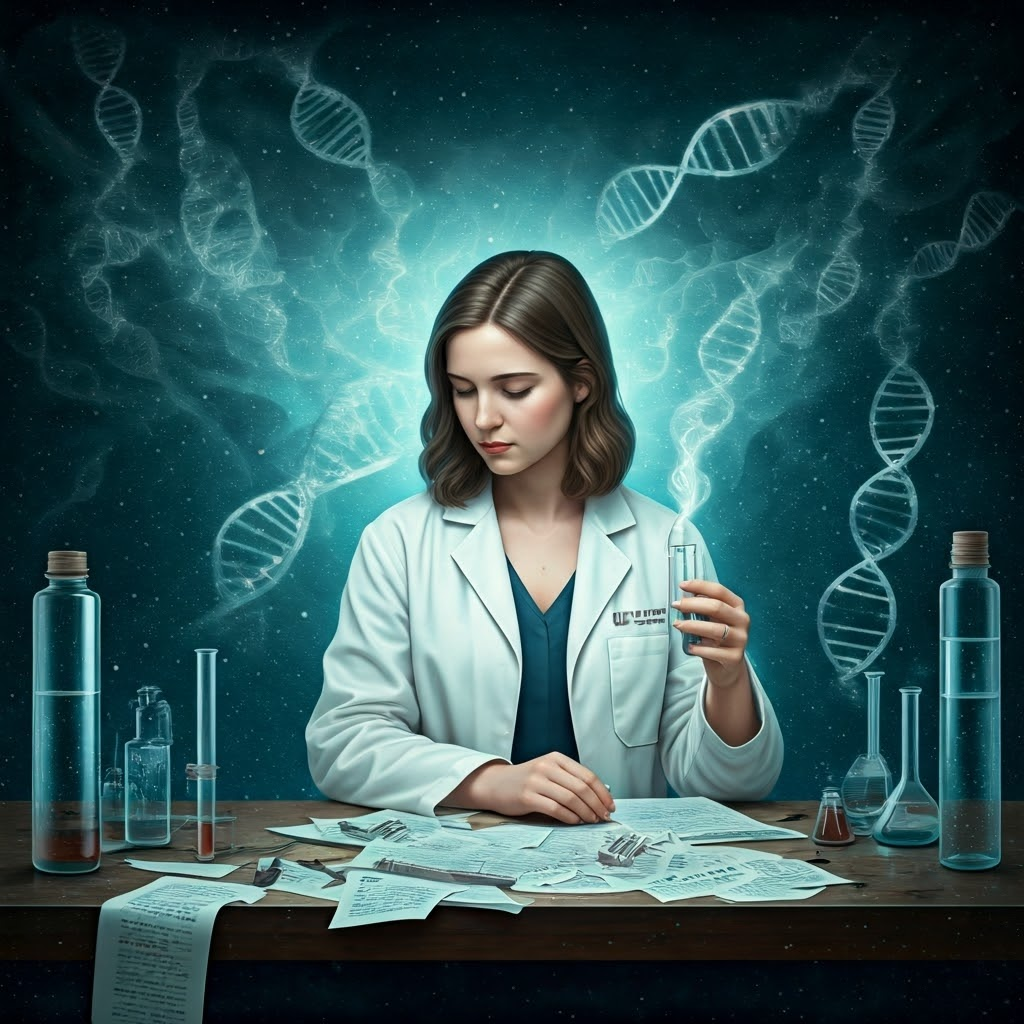 A young scientist studies notes while translucent DNA strands swirl nearby, echoing overlooked discoveries.