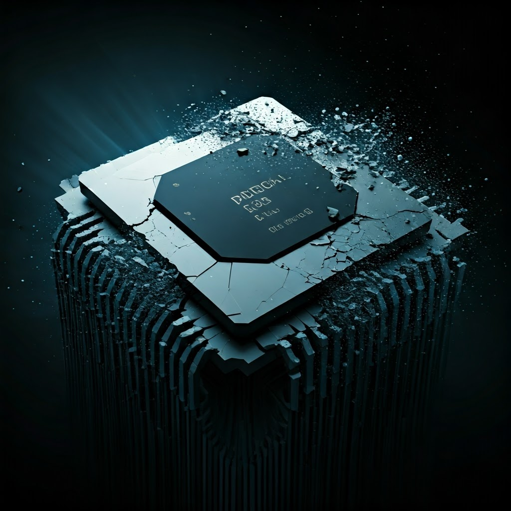 Dark sci-fi image of a transistor cracking while quantum particles swirl at the edge.