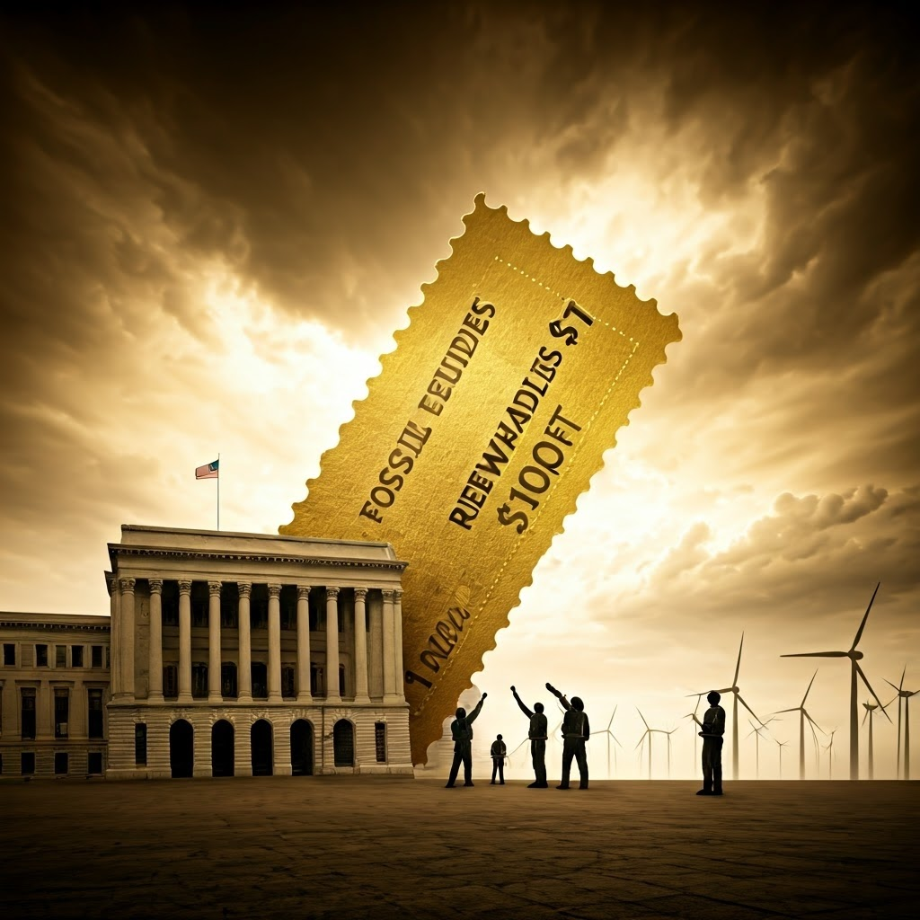 A giant golden coupon marked seven trillion dollars overshadows a small green coupon marked three hundred billion near a government building.