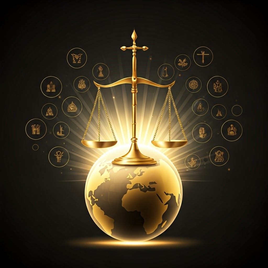 Golden balance scale on a globe with faith symbols orbiting, conveying shared moral ground